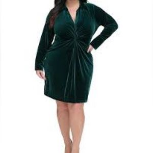 Plus size Calvin Klein velvet dress. Dark green velvet, long sleeve dress.